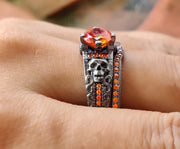 Unique Gothic Skull Bridal Wedding Ring Set, Fire Opal Birthstone Vintage Engagement ring set, Matching Band for her, Black Skull