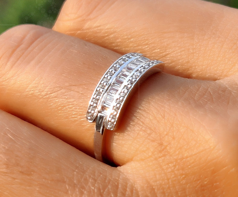 Timeless Sparkle: Moissanite Baguette and Round Cut Wedding Band for Anniversaries, a Minimalist Delight in Silver and Gold