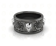 10 mm Wide Nature Inspired Unique Gothic Skull Wedding Band, Simulated Diamond, Sterling silver, Anniversary Ring, Floral Eternity Band