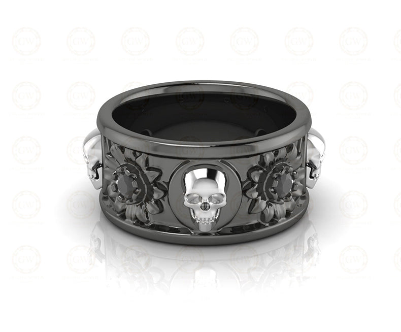 10 mm Wide Nature Inspired Unique Gothic Skull Wedding Band, Simulated Diamond, Sterling silver, Anniversary Ring, Floral Eternity Band