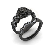 Skull Bridal Gothic Wedding Ring Sets, Rose Floral Engagement Ring, Criss Cross Nature Inspired Design, White Round CZ, Black Rhodium Plated