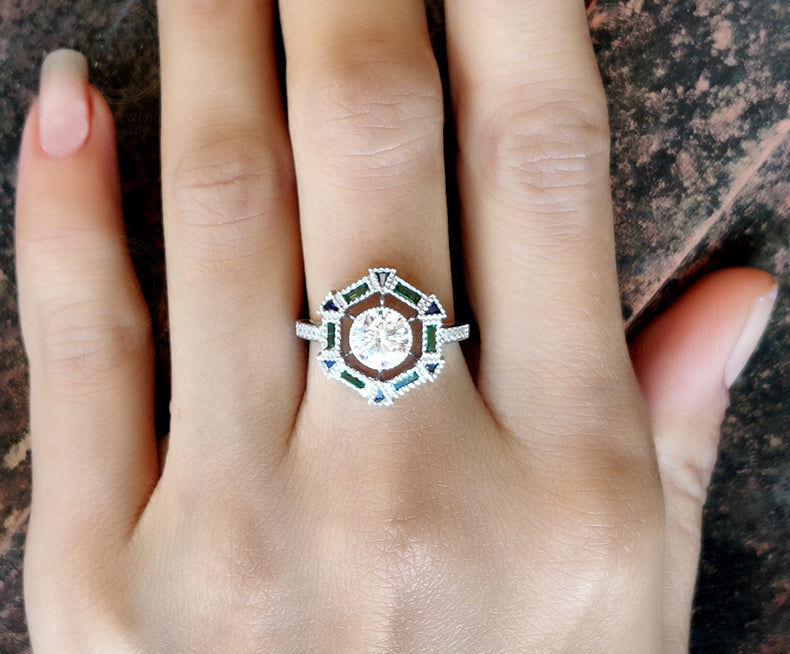 1.80 Ct Round Moissanite vintage Engagement Ring, Gemstone Art Deco Wedding Ring, Antique Sterling silver ring, Estate Women Jewelry