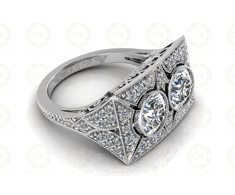 2.60 Ct Vintage Engagement Ring, Two Stone Moissanite Ring, Art deco Antique ring, Unique Wedding Ring, filigree Ring, Estate Ring For Women