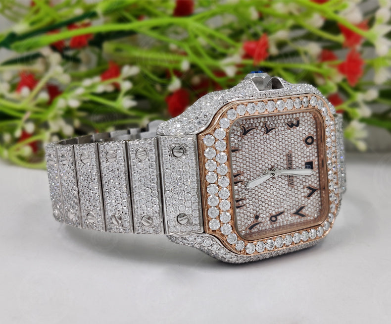 Moissanite Diamond iced out Luxury watches, Fully Automatic Hip Hop Buss Down Watch Two Tone (Rose)