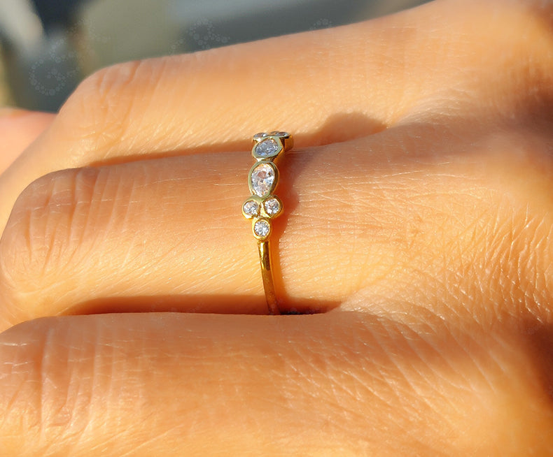 Harmony in Design: Dainty Silver and Gold Moissanite Cluster Ring - A Delicate Stackable Beauty, Perfect for Promise or Wedding Bands