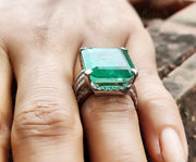 14 Ct Green Emerald Cut Cocktail Engagement Ring, Natural Looking Emerald Gemstone Art Deco Ring, Celebrity Inspired Ring