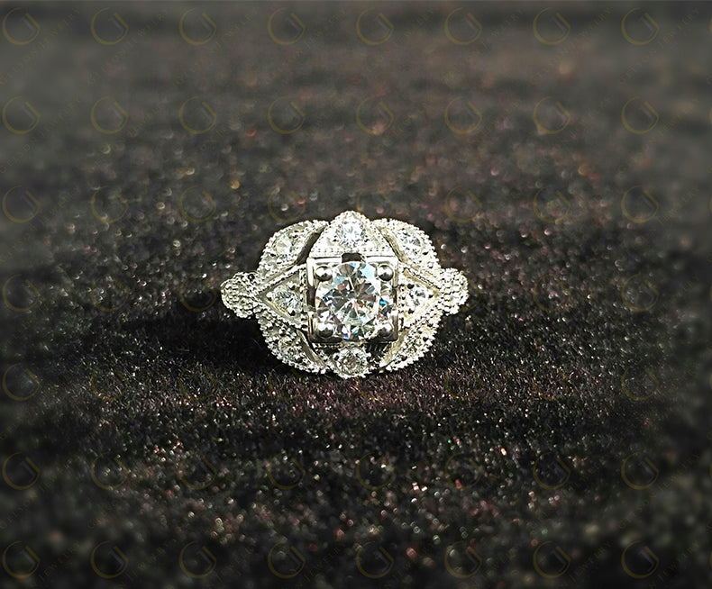 Vintage Engagement Ring, Round Simulated Diamond, Art Deco Wedding Ring, Milgrain ring, Unique Floral Design, Sterling Silver, Women Ring