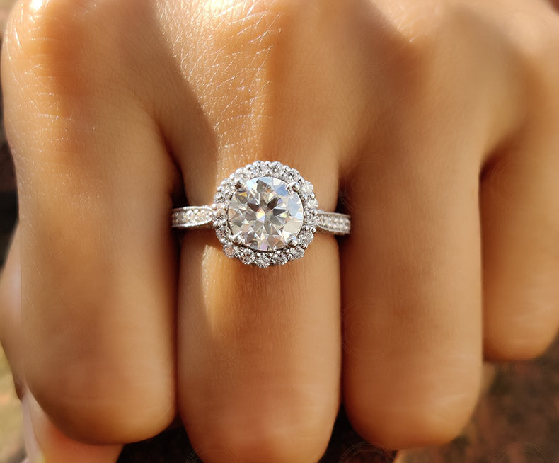 Antique Halo Engagement Ring / Estate Ring For Women / Vintage Anniversary Ring / Round Moissanite / Art Deco Sterling Silver Rings