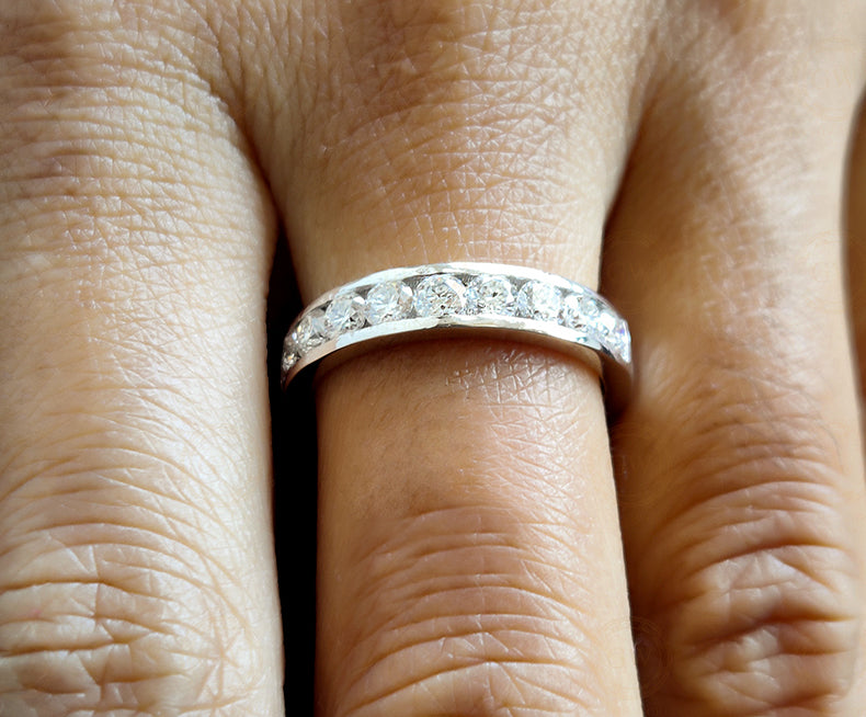 Round Moissanite Channel Set Wedding Band, Half Eternity Anniversary Wedding Ring For Her, Matching Band, Stackable Ring