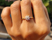 Radiant Sunburst: Silver and Gold Starburst Floral Moissanite Stackable Ring - Nature-Inspired Women's Wedding Ring, Simple Dainty Ring