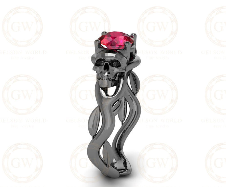 Solitaire Engagement Ring, Skull Women Ring, Nature Inspired Design, Ruby Birthstone Ring, Two skull Gothic Wedding ring, Sterling Silver