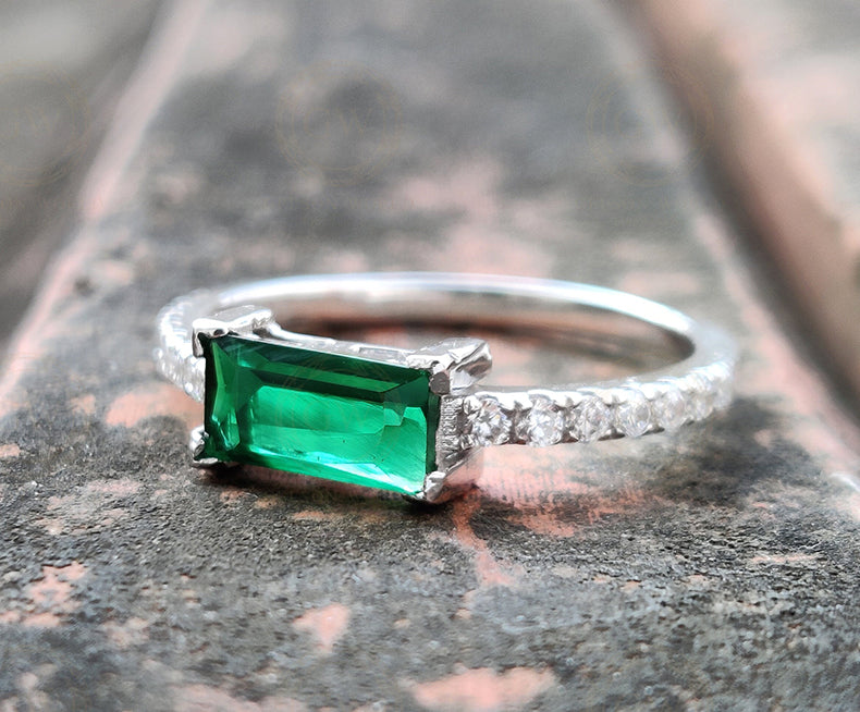 Gemstone engagement ring, Green Emerald Baguette Stacking Rings, Rings for women, Sterling silver, Birthstone Jewelry