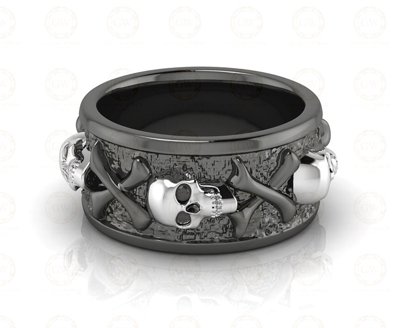 10 mm Wide Unique Punk Biker Gothic Skeleton Mens Skull Cross Bone Death Cocktail Ring, Sterling Silver, Custom Full Eternity Band