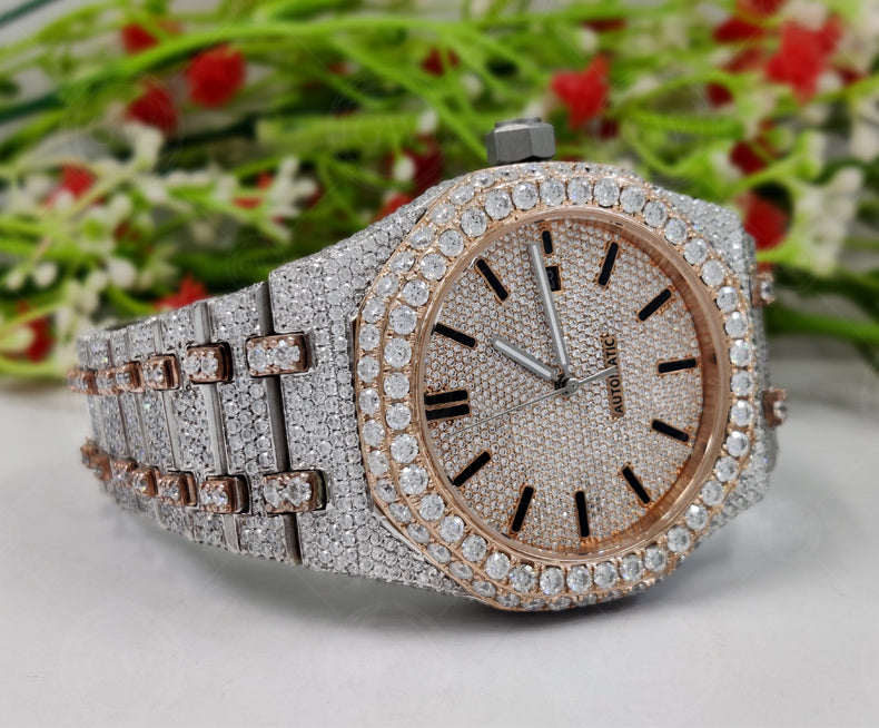 Iced Out Moissanite Diamond Round Watch, Luxury Hip Hop Buss Down Watch (Rose)