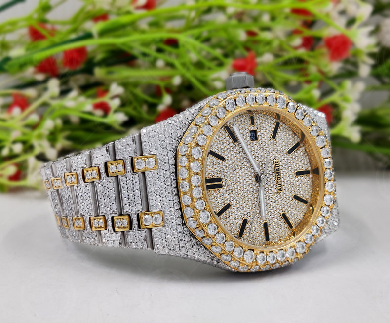 Moissanite Diamond iced out Luxury watches, Fully Automatic Hip Hop Buss Down Round Watch (Yellow)