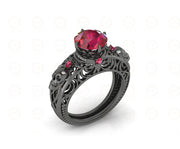 2 Ct Unique Gothic Skull Round Floral Vintage Engagement Ring, Birthstone July Ruby gemstone ring, CZ Women Wedding ring, Sterling Silver