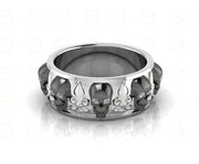 8 mm Wide Unique Gothic Skull Wedding Band, heraldic lily, Biker Ring, Simulated Diamond, Sterling silver, Anniversary Ring, Eternity Band