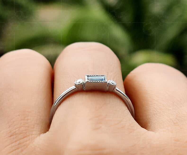 March Birthstone Elegance: Minimalist Baguette Aquamarine Ring for Mom