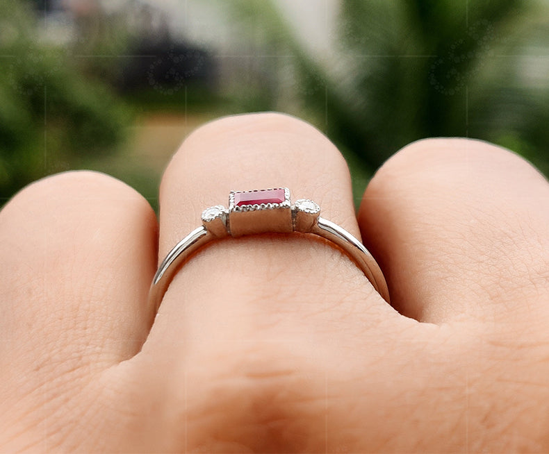 Stackable Ruby Baguette Ring - July Birthstone Minimalist Jewelry