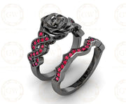 Gothic Skull Bridal CZ Wedding Ring Sets, Rose Floral Gemstone Engagement Ring, Sterling Silver, Criss Cross Nature Inspired Design