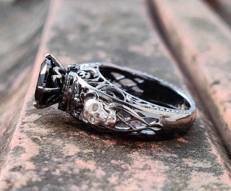 2 Ct Unique Gothic Skull Round Floral Vintage Engagement Ring, Black Man Made Diamond, Sterling silver, Nature Inspired Wedding Women Ring