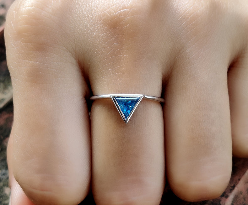 14K Gold Triangle Shape Pacific Blue Minimalist engagement ring, Matching Stacking Ring, Dainty Diamond Ring, Solitaire Gemstone Ring