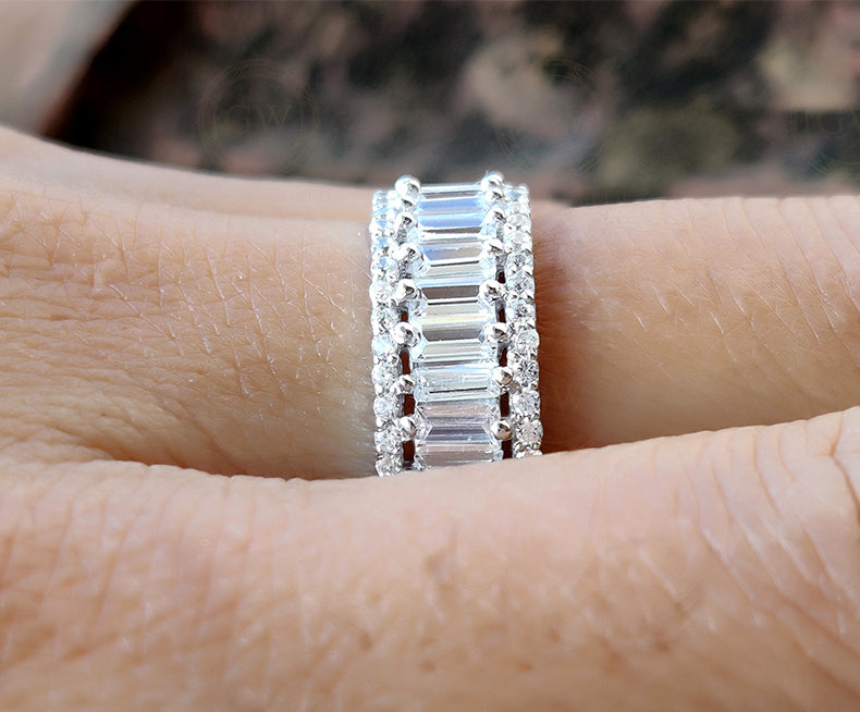 Full Eternity Baguette Wedding Ring / 7.50 mm Wide Band / 3 Row Anniversary Gift Ring / Wedding Band / Sterling Silver / Statement Ring