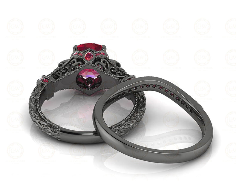 2.40 Ct Unique Gothic Skull Cushion Cut Floral Vintage Bridal Engagement Ring Set, Birthstone July Ruby gemstone Women ring, Matching Band