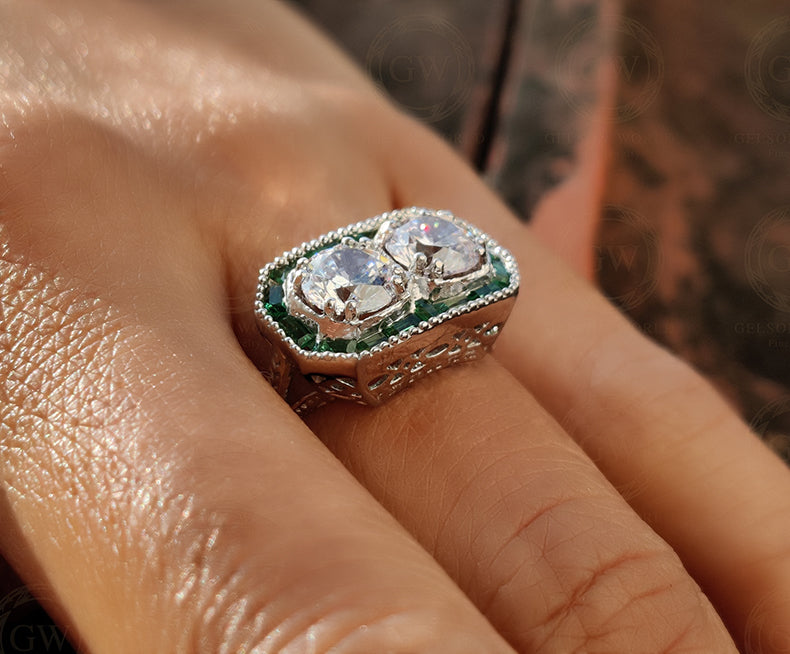 Toi et Moi Ring / Art deco Moissanite Engagement Ring / Estate Jewelry / Emerald Engagement Ring / Antique Rings / Vintage Engagement Ring