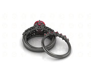 2.15 Ct Unique Gothic Skull Round Floral Vintage Bridal Engagement Ring Set, Birthstone July Ruby gemstone ring, Matching Band, Women Ring