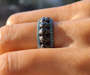 Aquamarine Eternity Ring / 9 mm Wide Black Silver Gothic Skull Wedding Band / Gemstone Birthstone Ring / Full Eternity Band for Men & Women