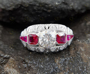 2.30 Ct Antique Ruby Engagement Ring, vintage moissanite ring, Sterling Silver, estate ruby ring, Ruby art deco ring, Rings for women