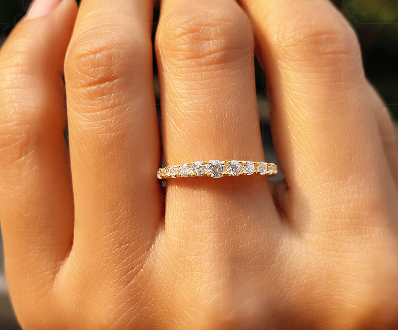 Graduated Moissanite Anniversary Ring in Silver and Gold - Simple and Elegant Wedding Band for Her