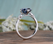 Dark Blue Asscher Cut Moissanite Engagement Ring, Art Deco Fish Tail Prongs Ring, Vintage Style Moissanite Ring, Unique Anniversary Rings