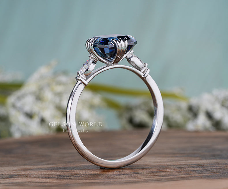 Dark Blue Asscher Cut Moissanite Engagement Ring, Art Deco Fish Tail Prongs Ring, Vintage Style Moissanite Ring, Unique Anniversary Rings