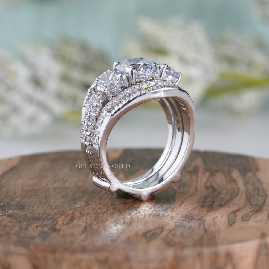 14K Gold Moissanite Vintage Bridal Ring Set, Ring Jacket and Round 3 Stone Engagement Ring, Art Deco Wedding Ring Enhancer, wrap guard band