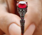 2.30 Ct Unique Gothic Skull Cushion Cut Floral Vintage Bridal Engagement Ring, Birthstone July Ruby gemstone Women ring, Sterling Silver