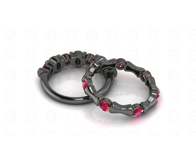 1.65 Ct Unique Black Gothic Bone Skull Bridal CZ Engagement Wedding Ring Set, Birthstone July Ruby gemstone Women ring, Matching Band