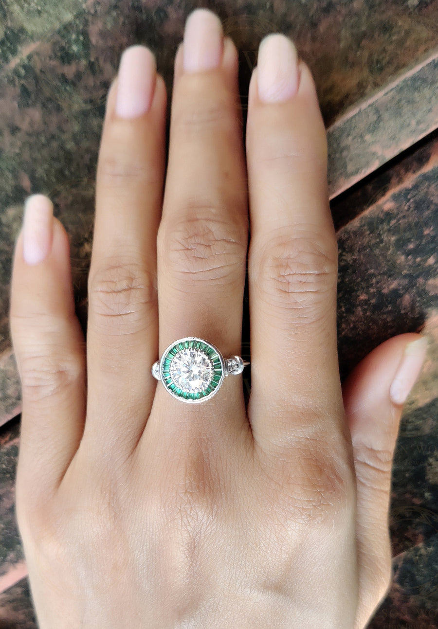 2.00 Ct Round Cut and Green Baguette Art Deco Engagement Ring, Emerald Gemstone Vintage Halo Ring for women, Anniversary Silver Estate Ring