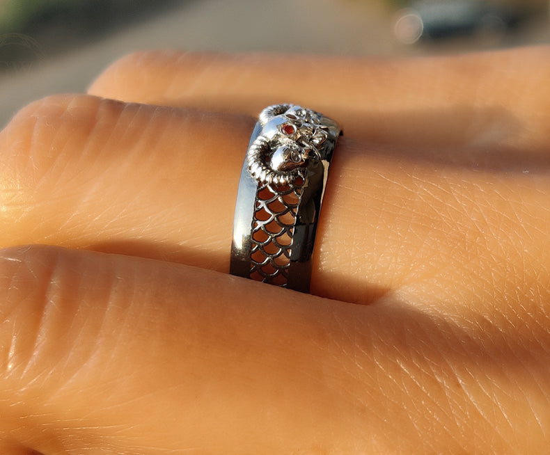 8 mm Wide Vampire Ring Demon Skull Horns Mens Wedding Band, Sterling Silver, Motorcycle Biker Ring, Birthstone January gemstone ring