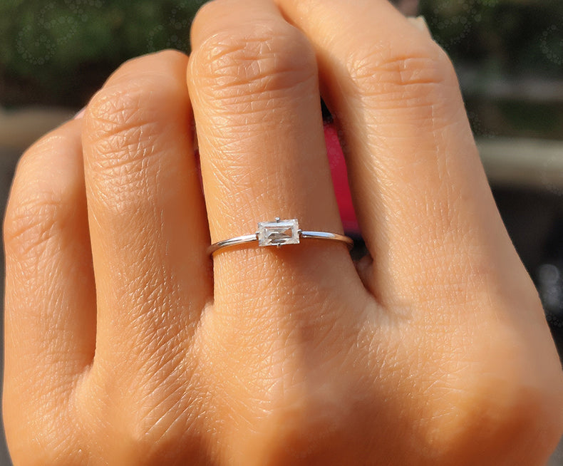 Timeless Elegance: Solitaire Baguette Moissanite Engagement Ring in Silver and Gold - Perfect for Simple Stacking and Dainty Minimalism