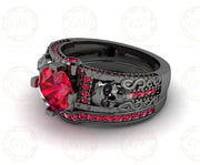 1.75 Ct Gothic Skull Bridal Wedding Ring Set, Unique Ruby July Birthstone Vintage Engagement ring set, Matching Band for her, Black Skull