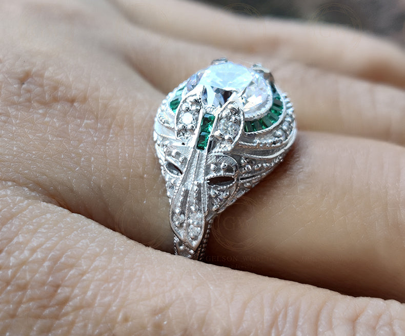 3.50 Ct Round Moissanite Art deco Vintage Engagement Ring, Sterling Silver Ring, Emerald Baguette Estate Jewelry, Antique Women Ring