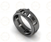 7.50 mm Wide Personalized Unique Men's Gothic Skull Wedding Band, Punk Style Biker Ring, Black CZ Diamond Sterling silver, Promise Band Him