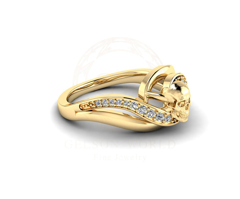 14K Yellow Gold Swirl Skull Engagement Ring, wedding ring for women, Gothic ring, Anniversary Ring, Best Gift Idea