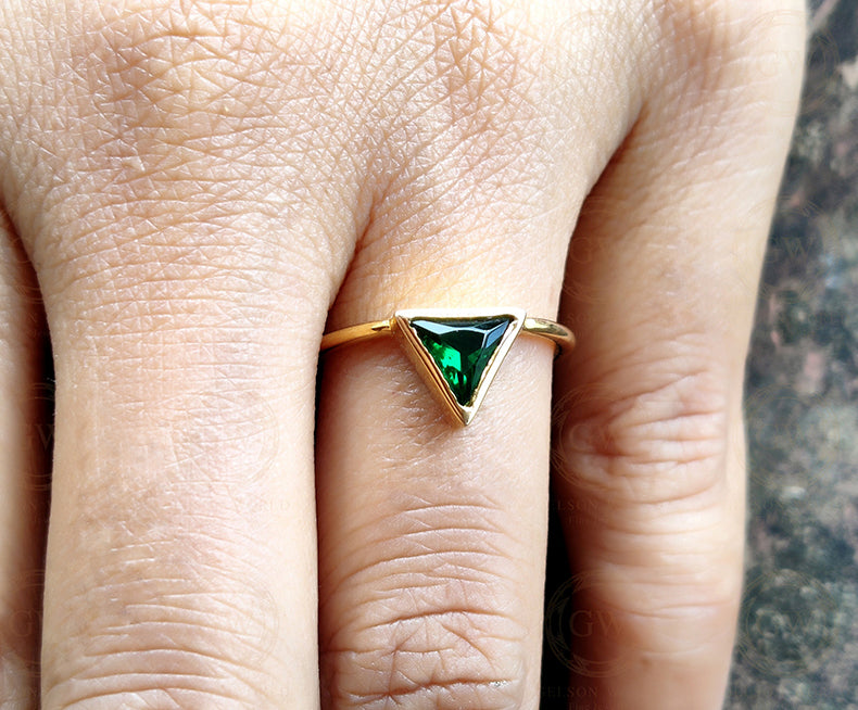 Silver and Gold Triangle Shape Emerald Minimalist engagement ring, Matching Stacking Ring, Dainty Diamond Ring, Gemstone Birthstone Ring