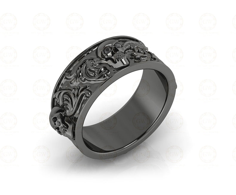 8 mm Wide Nature Inspired Unique Gothic Skull Wedding Band, Simulated Diamond, Sterling silver, Anniversary Ring, Floral Eternity Band