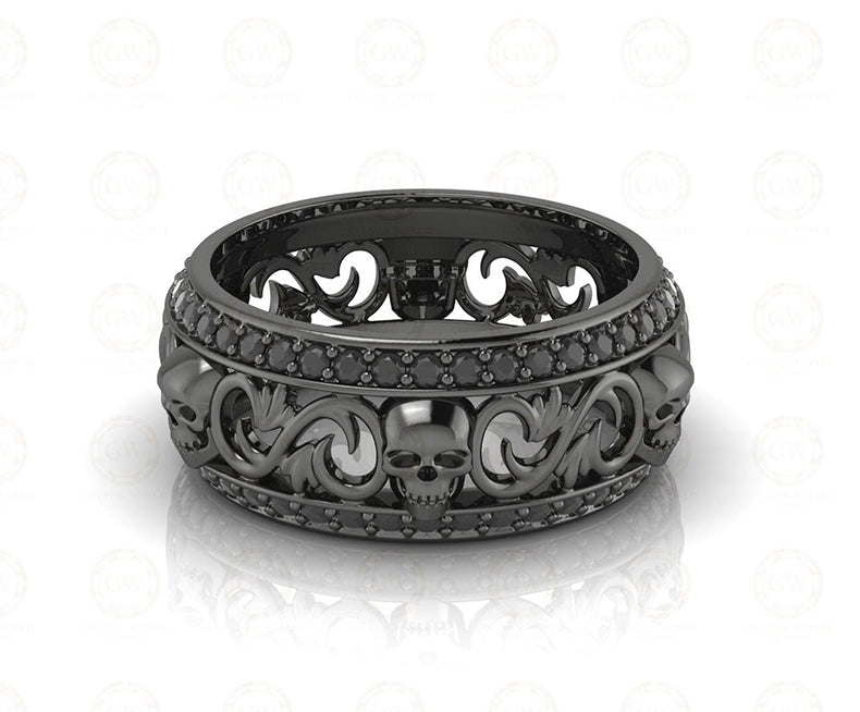 8 mm Wide Floral Unique Gothic Skull Wedding Band, Moissanite Diamond Silver Ring, 2 Row Anniversary Ring, Nature Inspired Eternity Band