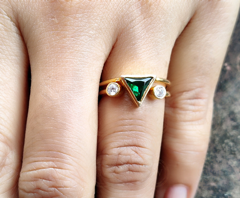 14K Gold Triangle Shape Emerald Minimalist engagement ring, Open End Design Matching Stacking Ring, Wedding Band, Dainty Diamond Ring