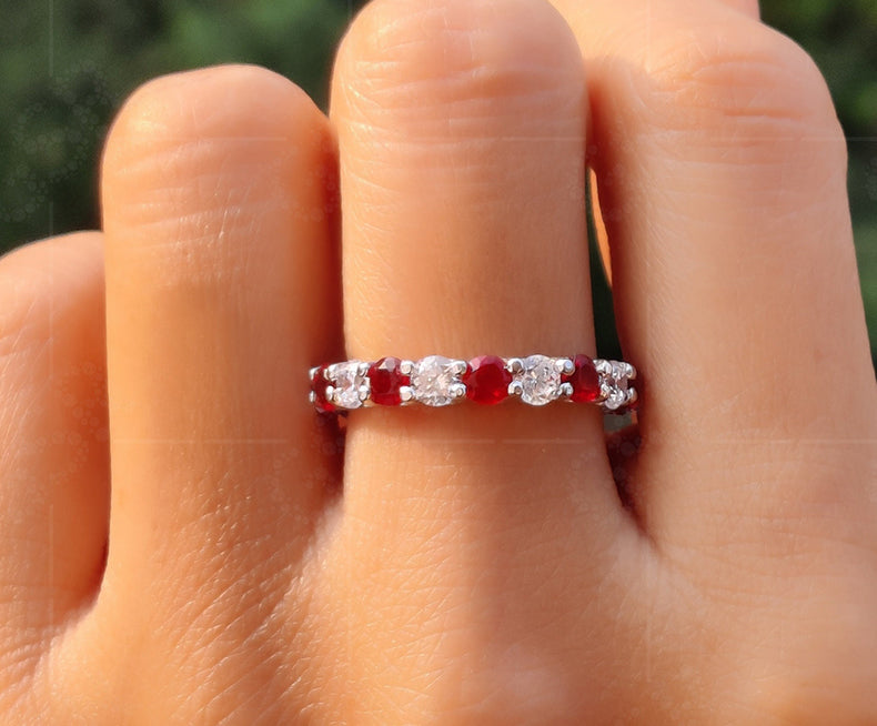 Red Ruby and Moissanite Diamond Full Eternity Wedding Band for Women - Shared Prong Anniversary Ring for Her